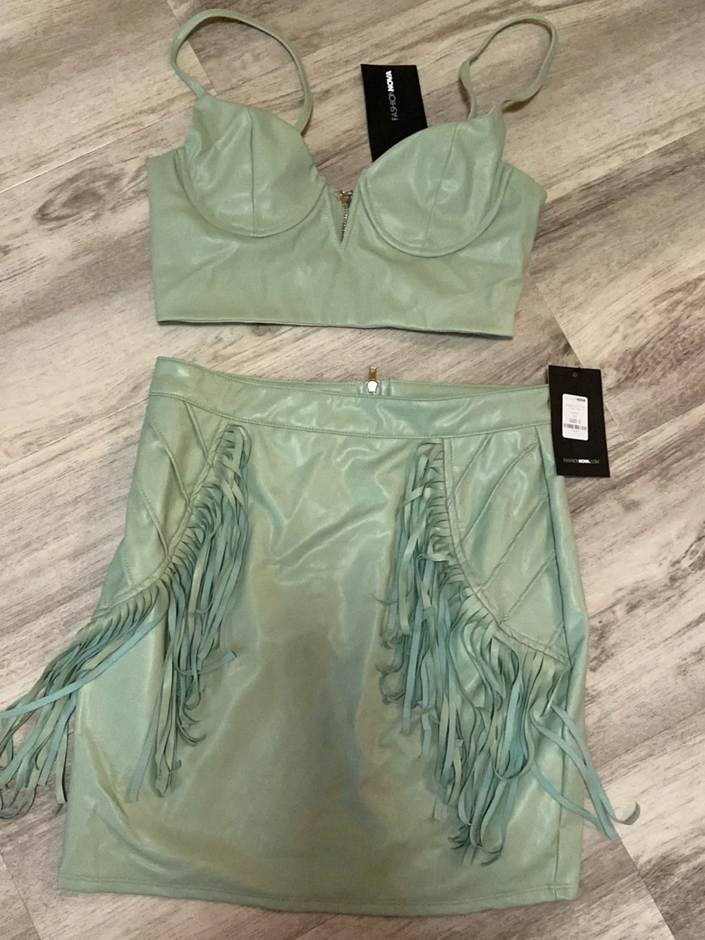 Fashion Nova Sage Faux Leather Fringe Two-Piece Set - NWT